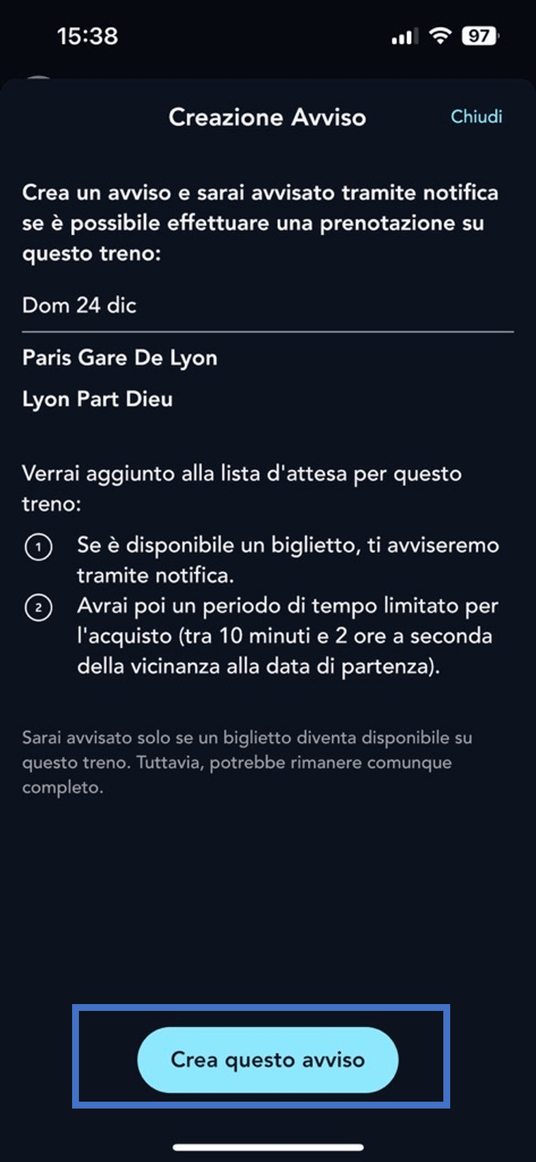 schermata della pagina per creare un avviso di treno completo sull'applicazione SNCF Connect