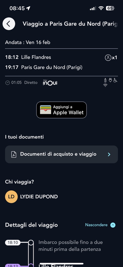 Schermata dei dettagli del viaggio che illustra la scheda Le vostre ricevute dell'applicazione SNCF Connect