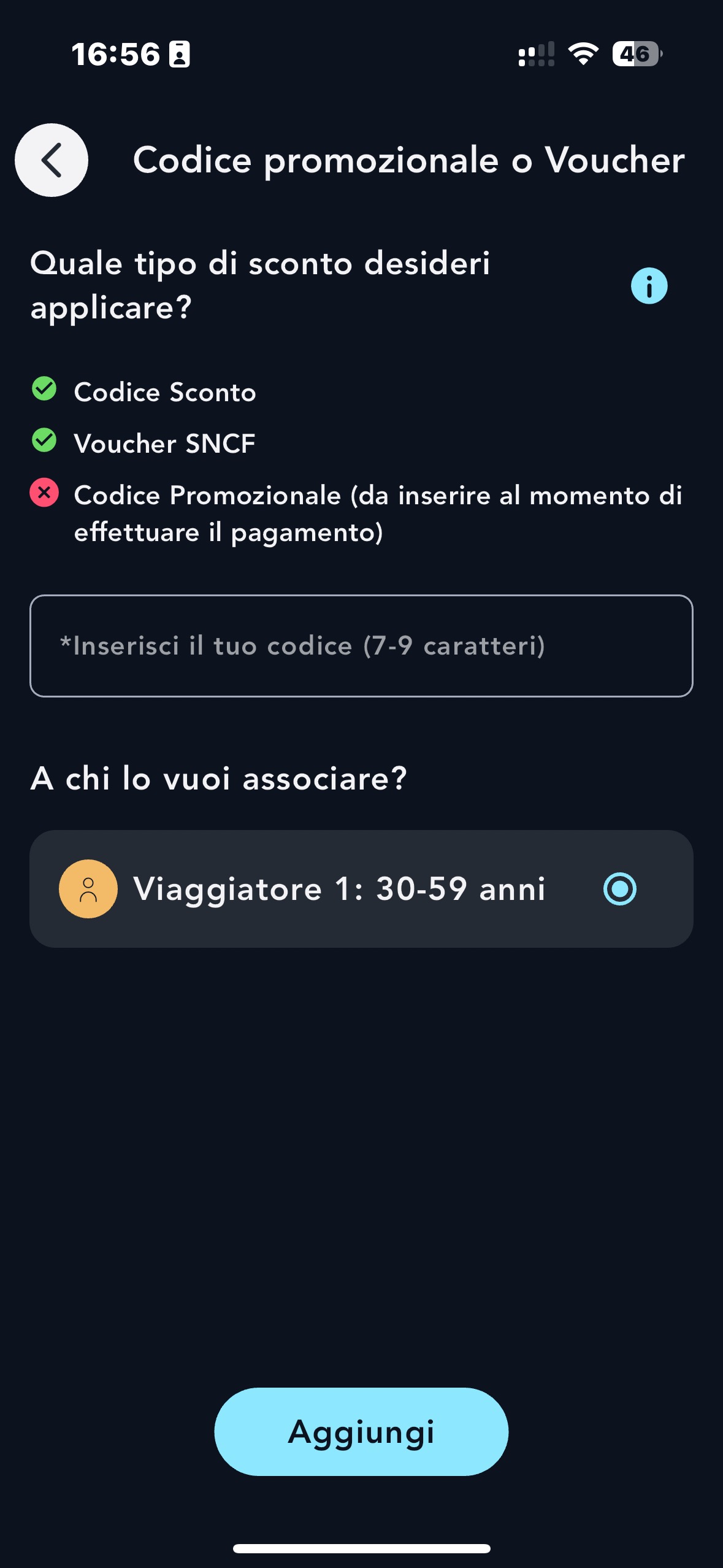 Schermata di inserimento del codice sconto 