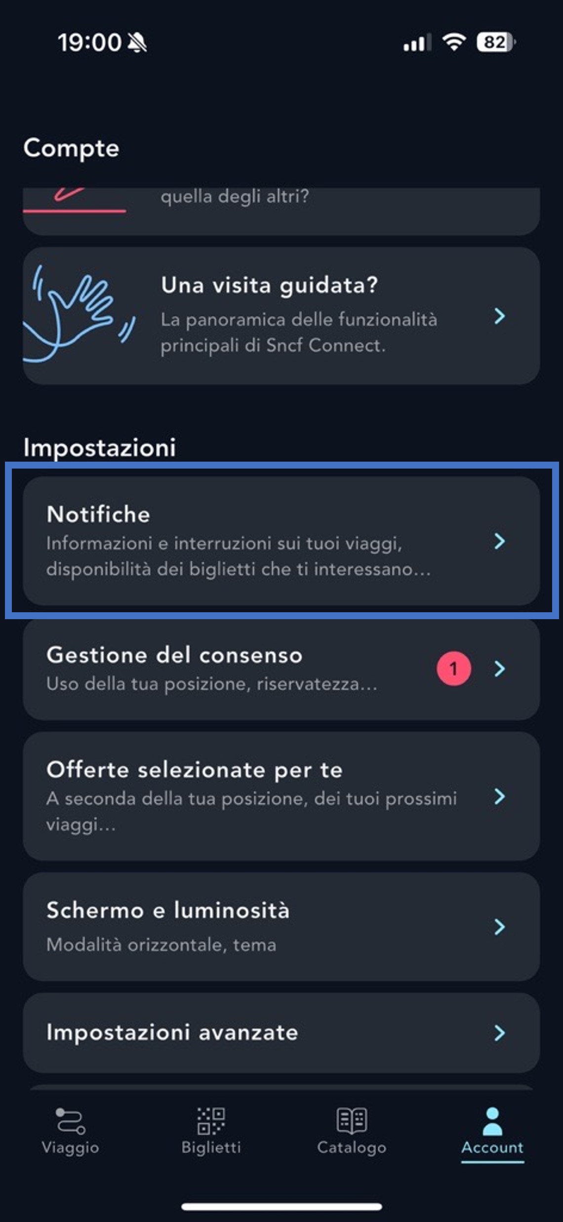 Visualizzazione della sezione Notifiche dell'applicazione SNCF Connect