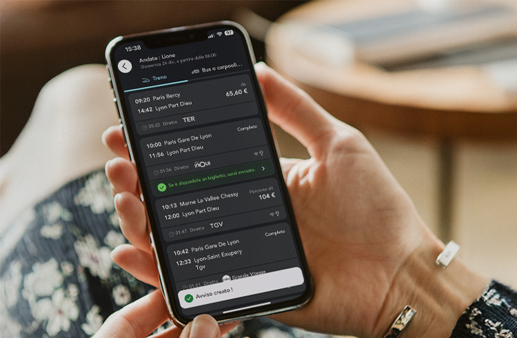 Immagine che mostra l'attivazione di un avviso di treno completo sull'applicazione SNCF Connect